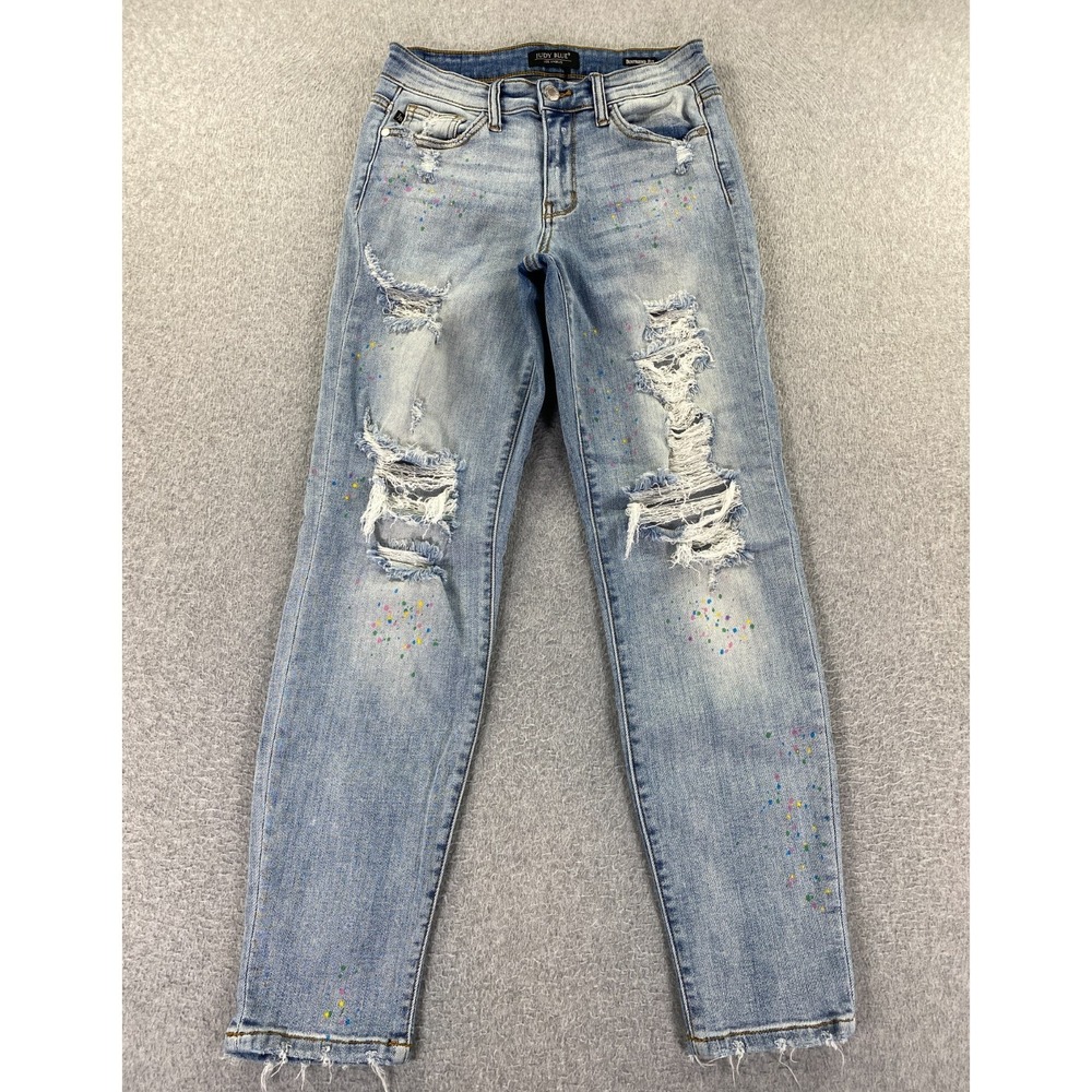 Judy Blue Boyfriend Jeans Women's 3/26 Distressed Stretch Light‎ Paint Splatter
